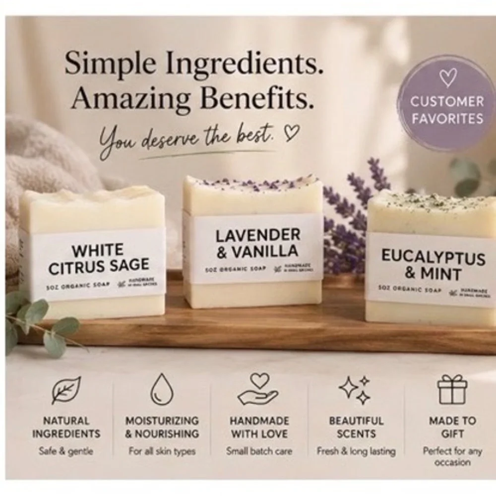 Handmade Organic Soap Set 3‎ Pack Lavender Vanilla White Citrus Eucalyptus Mint